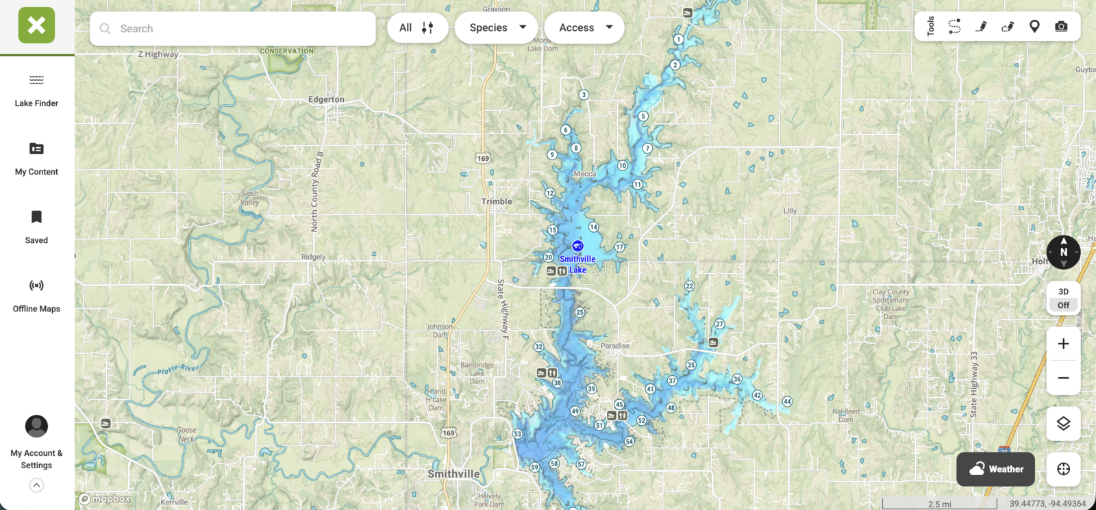 smithville lake map in onx fish app 